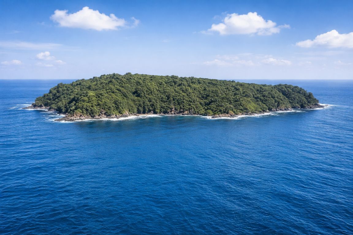 Panoramic view of Caño Island wildlife reserve with dense vegetation and blue sea, experienced during a Corcovado National Park Tours adventure