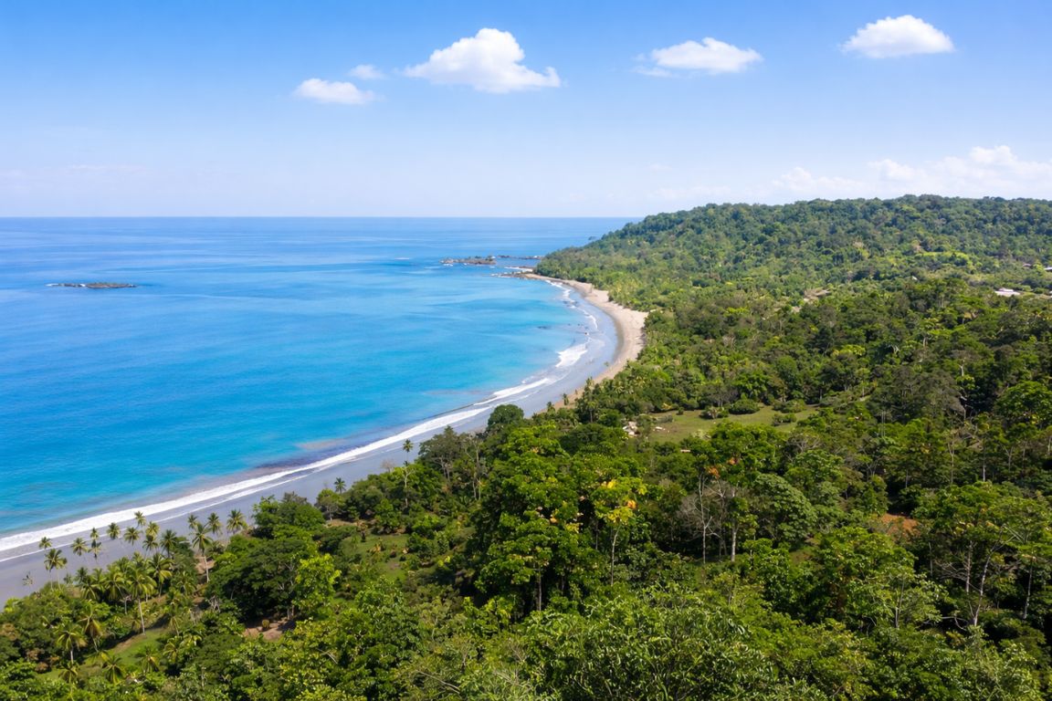 Aerial view of Drake Bay coastline with lush rainforest meeting the Pacific Ocean, captured during a tour with Corcovado National Park Tours