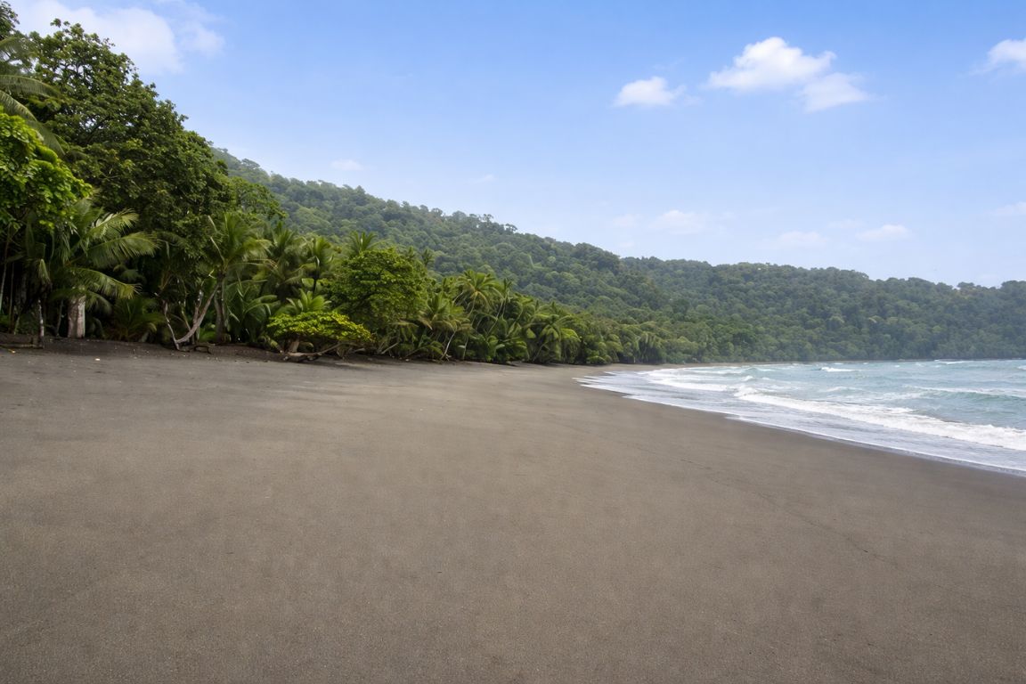 Peaceful Golfo Dulce shoreline with palm trees and dense jungle in Costa Rica, photographed during our Corcovado National Park Tours experience