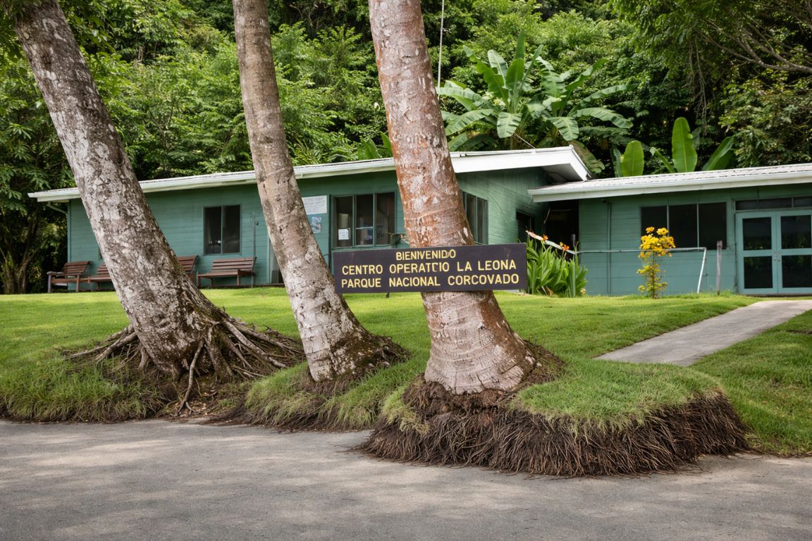 La Leona Station buildings and welcome sign in Corcovado National Park, photographed during our Corcovado National Park Tours experience