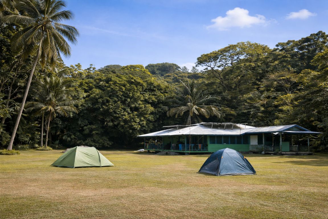 San Pedrillo station buildings and campsite in the heart of Corcovado National Park rainforest, seen during a guided tour with Corcovado National Park Tours